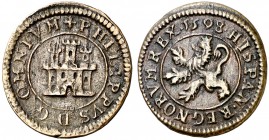 1598. Felipe II. Segovia. 2 maravedís. (Cal. 868) (J.S. tipo B4, falta var). 3,38 g. Sin indicación de ceca ni valor. Castillo con cuatro ventanas y c...