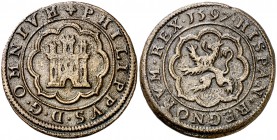 1597. Felipe II. Segovia. 4 maravedís. (Cal. 865) (J.S. B-2). 6,38 g. Sin indicación de ceca ni valor. Castillo con troneras de cruz y orbe en la part...