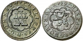 1597. Felipe II. Segovia. 4 maravedís. (Cal. 865) (J.S. B-4). 6,20 g. Sin indicación de ceca ni valor. Castillo con cuatro ventanas y cuatro almenas e...