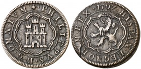 1597. Felipe II. Segovia. 4 maravedís. (Cal. 865) (J.S. B-5 var). 6,56 g. Sin indicación de ceca ni valor. Castillo con cuatro ventanas alineadas y tr...