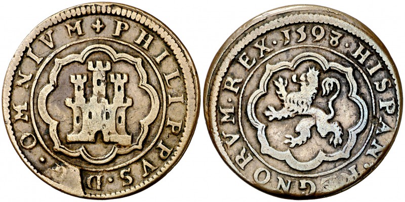 1598/7. Felipe II. Segovia. 4 maravedís. (Cal. 866 var) (J.S. B-9). 5,62 g. Sin ...