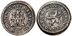 1599. Felipe III. Segovia. 1 maravedí. (Cal. 833, como 2 maravedís) (J.S. C-42). 1,83 g. Sin indicación de ceca ni valor. Muy rara. MBC.