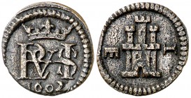 1602. Felipe III. Segovia. 1 maravedí. (Cal. 856) (J.S. D-274). 0,78 g. Acueducto de dos arcos. Escasa y más así. MBC+.