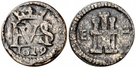 1619. Felipe III. Segovia. 1 maravedí. (Cal. 864) (J.S. D-277). 0,90 g. Acueducto vertical de dos arcos a derecha. Golpecitos. Rara. MBC-.
