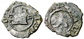 1602. Felipe III. Segovia. Castillejo. 2 maravedís. (Cal. 828 var) (J.S. D-194). 1,39 g. Acueducto esquemático. Rara. MBC-.