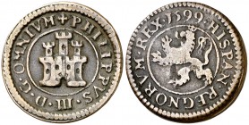 1599. Felipe III. Segovia. 2 maravedís. (Cal. 798, como 4 maravedís) (J.S. C-32). 3,16 g. Sin indicación de ceca, valor ni ensayador. Escasa. MBC-.
