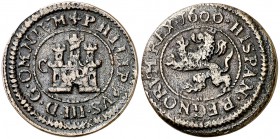 1600. Felipe III. Segovia. C. 2 maravedís. (Cal. 800, como 4 maravedís) (J.S. C-38). 2,66 g. Sin indicación de ceca ni valor. Escasa. MBC-.