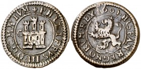 1601. Felipe III. Segovia. C. 2 maravedís. (Cal. 801, como 4 maravedís) (J.S. C-39). 2,76 g. Sin indicación de ceca ni valor. Escasa. MBC-.