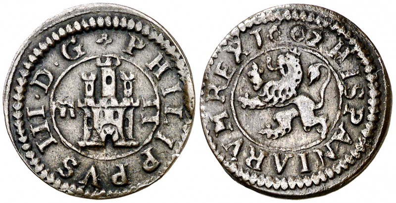 1602. Felipe III. Segovia. 2 maravedís. (Cal. 834) (J.S. D-259). 1,43 g. Acueduc...