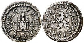1602. Felipe III. Segovia. 2 maravedís. (Cal. 834) (J.S. D-259). 1,43 g. Acueducto de dos arcos. Sin puntos entre PHILIPPVS y III, ni en separación de...