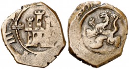 1619. Felipe III. Segovia. 4 maravedís. (Cal. 794) (J.S. D-175). 2,96 g. Acueducto invertido de tres arcos que corta la orla interior. Visible el ordi...