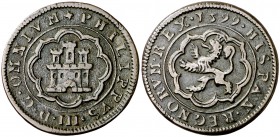 1599. Felipe III. Segovia. 4 maravedís. (Cal. 745, como 8 maravedís) (J.S. C-20). 5,89 g. Sin indicación de ceca, valor ni ensayador. Con el ordinal d...