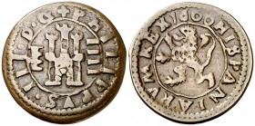 1600. Felipe III. Segovia. 4 maravedís. 3,29 g. Falsa de época muy curiosa. Acueducto vertical de tres arcos a derecha. Rara. MBC-.