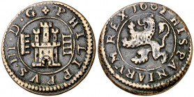 1602. Felipe III. Segovia. 4 maravedís. (Cal. 804) (J.S. D-239). 2,82 g. Acueducto vertical de tres arcos a derecha. Escasa. MBC.