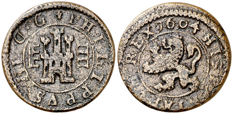1604. Felipe III. Segovia. 4 maravedís. (Cal. 806) (J.S. D-242). 2,40 g. Acueduc...