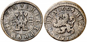 1604. Felipe III. Segovia. 4 maravedís. (Cal. 806) (J.S. D-242). 2,40 g. Acueducto vertical de tres arcos a derecha. Letra D invertida. Escasa. MBC-.