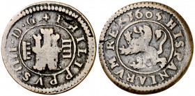 1605. Felipe III. Segovia. 4 maravedís. (Cal. 808 var) (J.S. tipo D48, falta var). 2,45 g. Acueducto vertical de tres arcos a derecha. Ordinal IIII po...