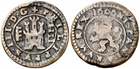 1606. Felipe III. Segovia. 4 maravedís. (Cal. 810) (J.S. D-244). 2,91 g. Acueducto vertical de tres arcos a derecha. BC+.
