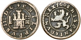 1608. Felipe III. Segovia. 4 maravedís. (Cal. 812) (J.S. D-246). 2,79 g. Acueducto vertical de tres arcos a derecha. Escasa. MBC.