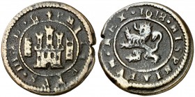 1618. Felipe III. Segovia. 4 maravedís. (Cal. 823 var) (J.S. D-254). 3,14 g. Acueducto vertical de tres arcos a derecha. Escasa. MBC-.