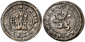 1618. Felipe III. Segovia. 4 maravedís. (Cal. 823) (J.S. D-257). 2,96 g. Acueducto vertical de cuatro arcos a izquierda. Buen ejemplar. MBC+.