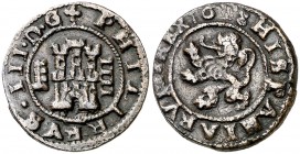 1618. Felipe III. Segovia. 4 maravedís. (J.S. pág. 183). 3,77 g. Falsa de época, muy curiosa. Acueducto vertical de tres arcos a derecha MBC.