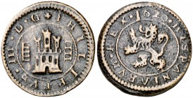 1620. Felipe III. Segovia. 4 maravedís. (Cal. 826) (J.S. D-256). 3,19 g. Acueducto vertical de cuatro arcos a derecha. Escasa. MBC-/MBC.