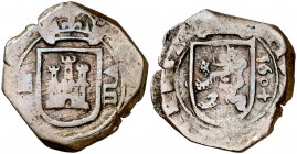 160+ (sic). Felipe III. Segovia. 8 maravedís. (Cal. 741) (J.S. D-119). 6,81 g. Acueducto vertical de tres arcos y dos pisos a derecha. El 4 de la fech...