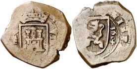 160 (sic). Felipe III. Segovia. 8 maravedís. (Cal. 741 var) (J.S. tipo D27, falta var). 6,89 g. Acueducto vertical de tres arcos y dos pisos a derecha...