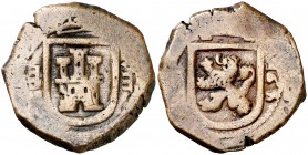 168 (sic). Felipe III. Segovia. 8 maravedís. (Cal. tipo 217) (J.S. D-124). 7,26 g. Acueducto vertical de tres arcos a izquierda. Rara. MBC-.