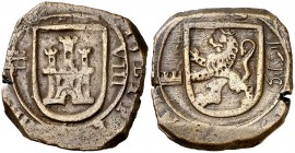 1619. Felipe III. Segovia. 8 maravedís. (Cal. 743) (J.S. D-147, mismo ejemplar). 6,22 g. Acueductos invertidos de dos arcos y dos pisos en anverso, y ...