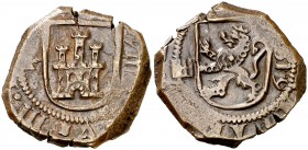 1619. Felipe III. Segovia. 8 maravedís. (Cal. 743) (J.S. D-156). 7,60 g. Acueductos invertidos de dos arcos y dos pisos en anverso, y de tres arcos y ...