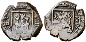 1619. Felipe III. Segovia. 8 maravedís. (Cal. 743) (J.S. tipo D30, falta var). 6,77 g. Acueducto horizontal invertido de dos arcos y dos pisos en anve...