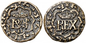 1658. Felipe IV. Segovia. 2 maravedís. (Cal. 1558, mismo ejemplar) (J.S. K-107, mismo ejemplar). 2,70 g. Prueba no adoptada. Fecha bajo REX. Rarísima....