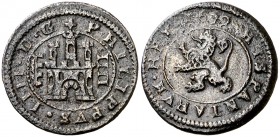 1622. Felipe IV. Segovia. 4 maravedís. (Cal. 1543) (J.S. F-277). 3,08 g. Acueducto vertical grande de tres arcos a derecha. Escasa. MBC.