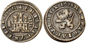 1625. Felipe IV. Segovia. 4 maravedís. (Cal. 1544) (J.S. F-279, mismo ejemplar). 2,86 g. Acueducto vertical pequeño de tres arcos a derecha. Rara. MBC...