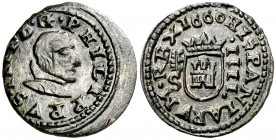 1660. Felipe IV. Segovia. S. 4 maravedís. (Cal. 1547) (J.S. M-565). 1,17 g. Buen ejemplar. Muy rara y más así. MBC+/EBC-.