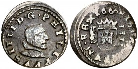 1660. Felipe IV. Segovia. S. 4 maravedís. (Cal. 1547) (J.S. tipo M103, falta var). 1 g. Sin punto entre el nombre y el ordinal del rey. Valor sin punt...