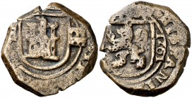 1261 (sic). Felipe IV. Segovia. 8 maravedís. (Cal. 1516) (J.S. F- 155, mismo ejemplar). 7 g. Acueducto de dos arcos y dos pisos que corta la orla inte...