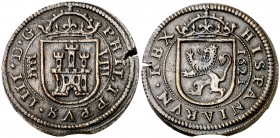 1621. Felipe IV. Segovia. 8 maravedís. (Cal. 1523) (J.S. F-269). 6,42 g. Leve grieta. Buen ejemplar. Escasa. MBC+.