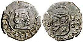 16(61). Felipe IV. Segovia. S. 8 maravedís. (Cal. 1530 var) (J.S. tipo M92, falta var). 1,83 g. Acuñada a martillo. Acueducto vertical de dos arcos a ...