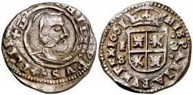 1661. Felipe IV. Segovia. S 8 maravedís. (Cal. falta) (J.S. M-488, mismo ejemplar). 2,23 g. Acuñación redonda. Acueducto vertical de dos arcos a derec...