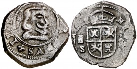 1661. Felipe IV. Segovia. S. 8 maravedís. (Cal. 1530) (J.S. M-489 var). 2,31 g. Acuñada a martillo. Acueducto vertical de tres arcos a izquierda. Rara...