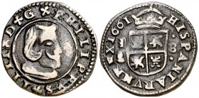 1661. Felipe IV. Segovia. S. 8 maravedís. (Cal. falta) (J.S. M-490, mismo ejemplar). 2,38 g. Acuñación redonda. Acueducto vertical de dos arcos a izqu...