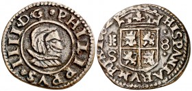 1662. Felipe IV. Segovia. S. 8 maravedís. (J.S. pág. 463-464). 1,84 g. Falsa de época muy curiosa. Acueducto vertical de dos arcos a derecha. MBC.