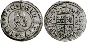 1663. Felipe IV. Segovia. . 8 maravedís. (Cal. 1534) (J.S. M-563). 2,36 g. Acueducto vertical de dos arcos a derecha. Bella. Rara así. EBC-.