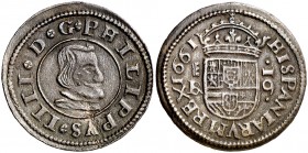 1661. Felipe IV. Segovia. . 16 maravedís. (Cal. 1508) (J.S. M-516). 4,09 g. Dos puntos sobre el busto. El 6 del valor tumbado. Buen ejemplar. Rara. EB...
