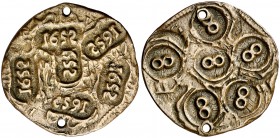 1652. Felipe IV. (J.S. pág. 322). 5 g. Prueba de punzón de valor 8 aplicada 6 veces sobre 8 maravedís del Ingenio. Sin marca de ceca pero atribuida a ...