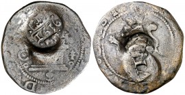 1636. Felipe IV. Segovia. (Cal. pág. 370) (J.S. G-51). 3,70 g. Resello de valor VI sobre 2 maravedís de Cuenca de los Reyes Católicos, con resello ant...