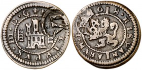 164(1). Felipe IV. Segovia. (Cal. pág. 370) (J.S. H-31). 3,23 g. Resello de valor VI sobre 4 maravedís de Segovia 1618. Escasa. MBC.